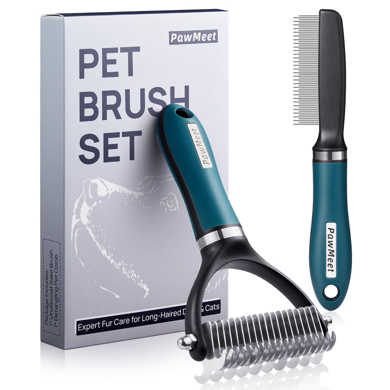 PawMeet Deshedding Dog Brush Dog Comb Combo Professional Undercoat Rake Pet Grooming Brush for Dog Cat Grooming Supplies Dematting Deshedding Brush Dogs Shedding Tool for Long Matted Haired Pets